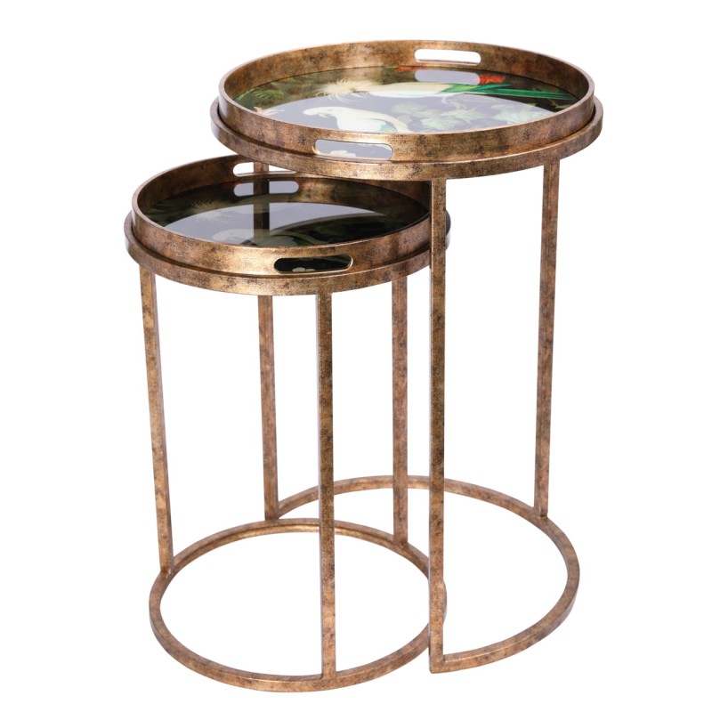 Dwa stoliki Tropic ze zdejmowanym blatem tacą wykończone w kolorze starego złota