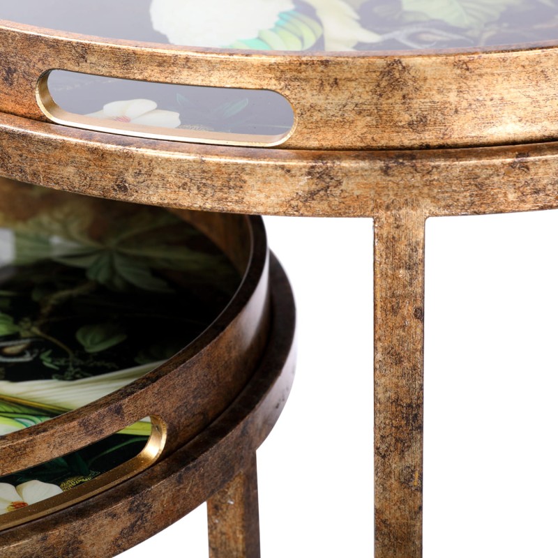 Dwa stoliki Tropic ze zdejmowanym blatem tacą wykończone w kolorze starego złota