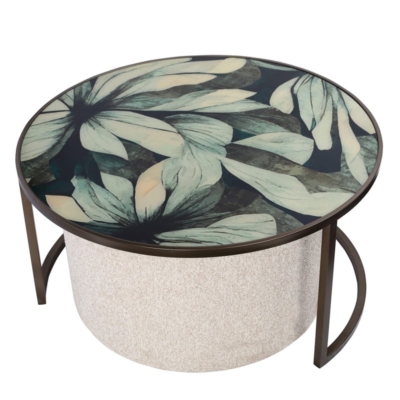 Stolik kawowy Leaf 80 cm komplet stolik kawowy okrągły z pufą motyw roślinny