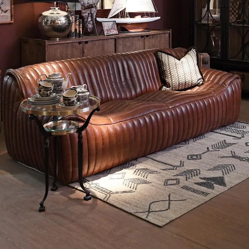 Brązowa skórzana sofa Novum 215 cm - brązowa skóra z przeszyciami