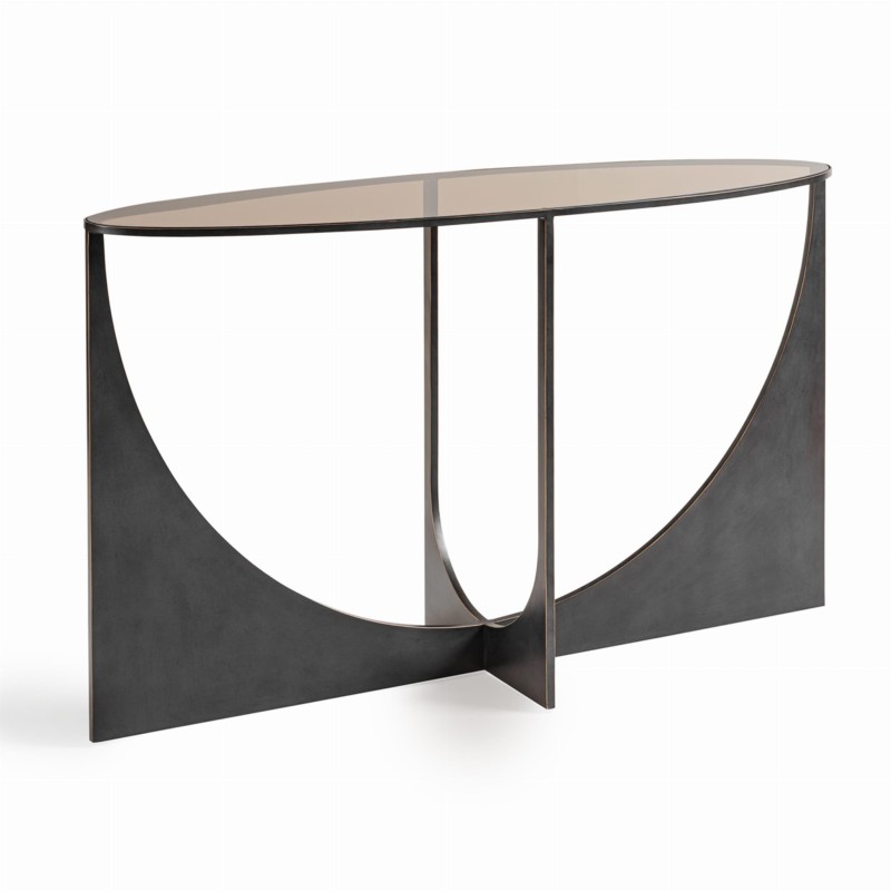 Konsola szklana Linton Oval 130 cm z dymionym blatem i rzeźbiarską metalową podstawą