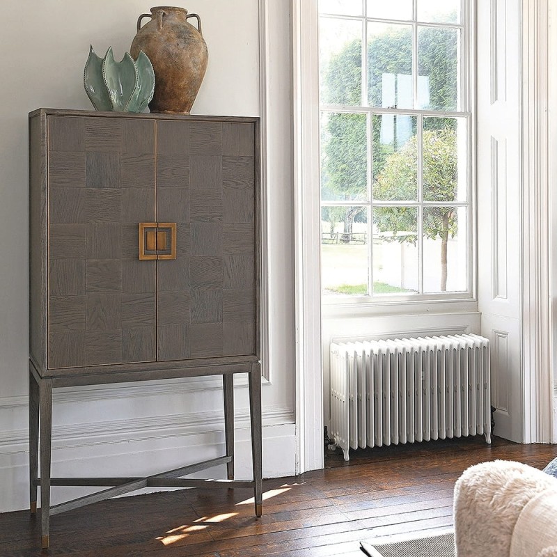 Barek na alkohol Camile Oak 182 cm szary dąb granatowe wnętrze podwieszane kieliszki szuflady