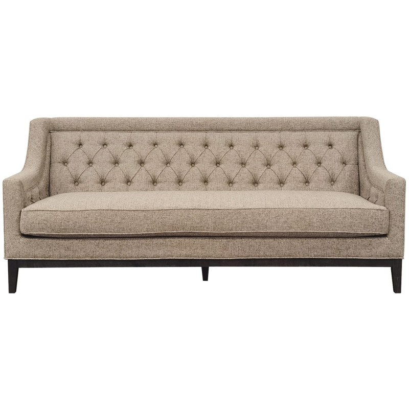 Sofa Cheval Taupe trzyosobowa 200 cm beżowe obicie ozdobne guziki dekoracyjne przeszycia