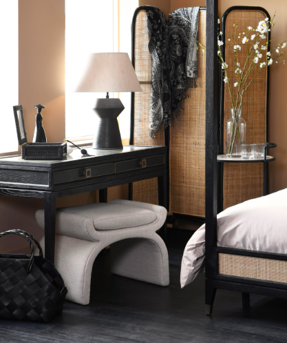 Toaletka/biurko Zelten Black 130x79,5 cm dwie szuflady dąb rattan szklany blat