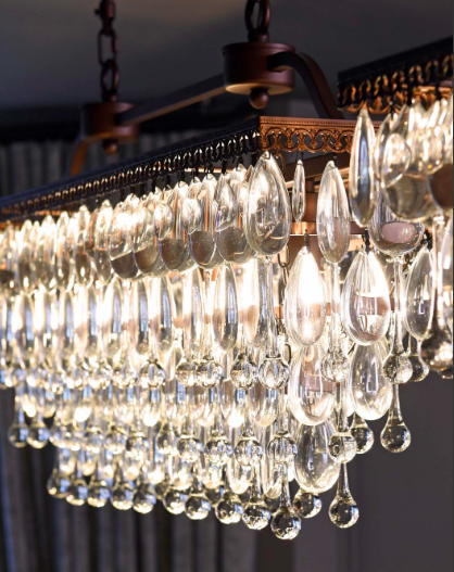 Żyrandol Crystal Linton 80x24x30 cm prostokątny kryształowe krople antyczny brąz