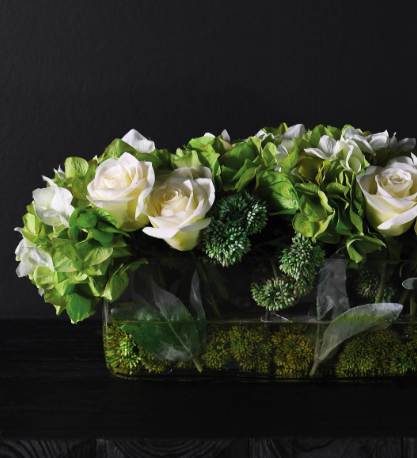 Dekoracja Boscobel sztuczne kwiaty 55 cm w szkle hortensja róża rozchodnik zieleń limonka
