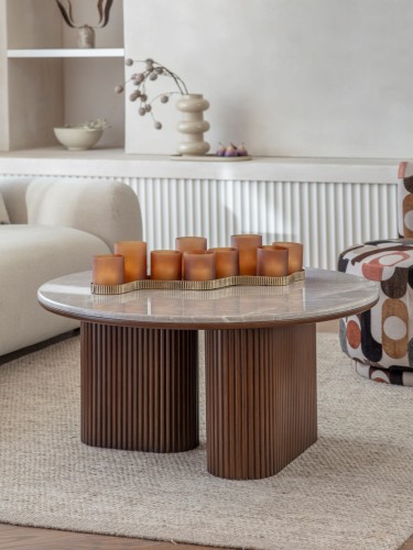 Stolik kawowy okrągły Bremner 90x45 cm drewniana podstawa i marmurowy blat