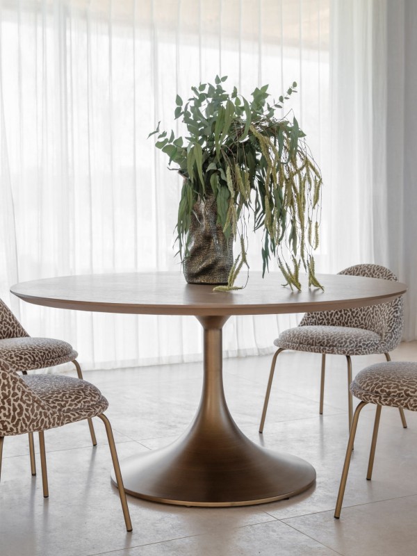 Okrągły złoty stół Golden 150 cm drewno i stal złoty stół na jednej nodze