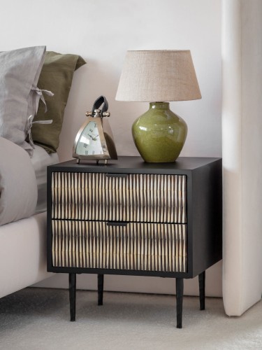 Stolik nocny Merida 50 cm czarno-biała szafka nocna z szufladami zdobione fronty