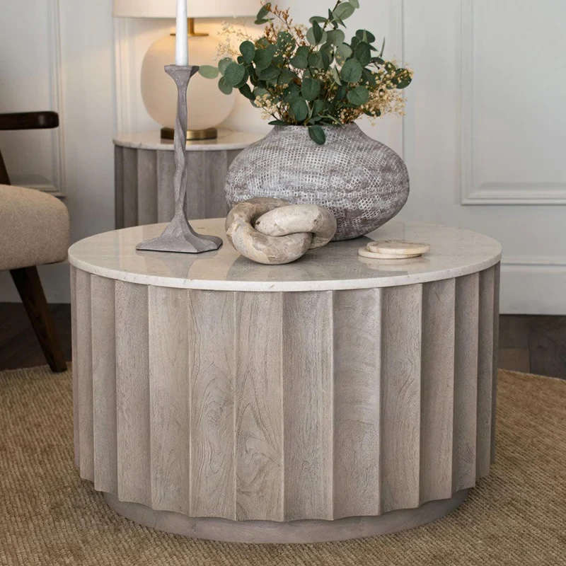 Stolik kawowy okrągły Astrid 75x43 cm drewniana podstawa i marmurowy blat