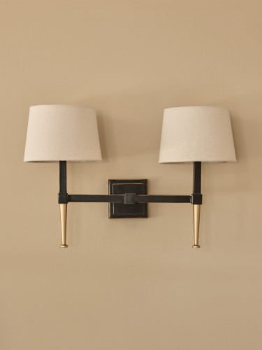 Lampa ścienna kinkiet Stella 2 ramiona czerń i złoto dwa lniane abażury
