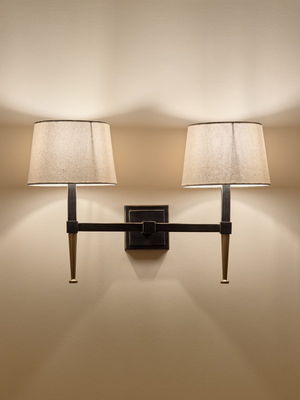 Lampa ścienna kinkiet Stella 2 ramiona czerń i złoto dwa lniane abażury