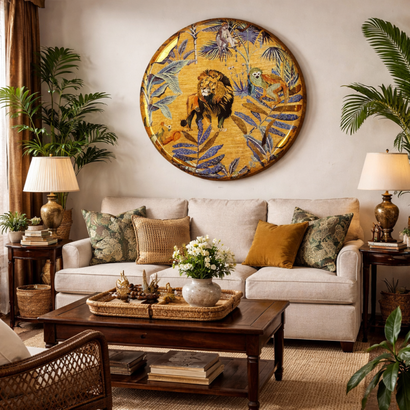Dysk na ścianę Jungle 76 cm złota dekoracja na ścianę za szkłem