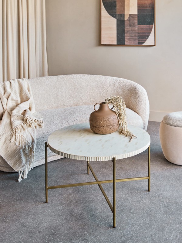 Okrągły stolik kawowy Apollo 80 cm okrągły biały blat kość metalowa podstawa