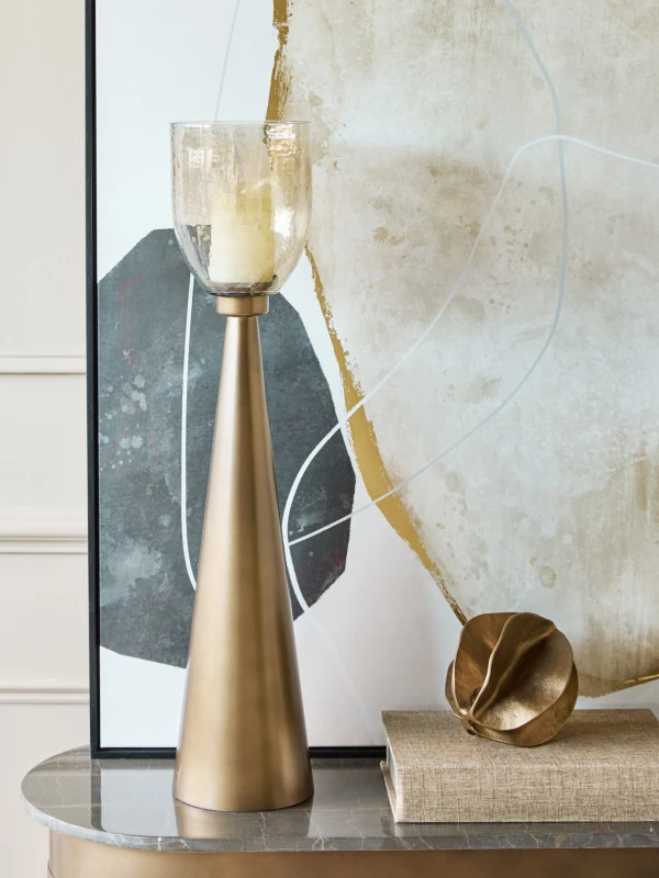 Złoty lampion do salonu - świecznik Golden 80 cm szklany klosz żelazna  podstawa złota