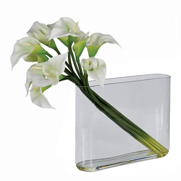 Sztuczne białe lilie Calla 55 cm wysokości szklany wazon z wodą