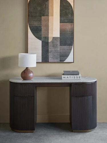 Biurko Bremner 142 cm z marmurowym blatem i drewnianą podstawą dwie szuflady