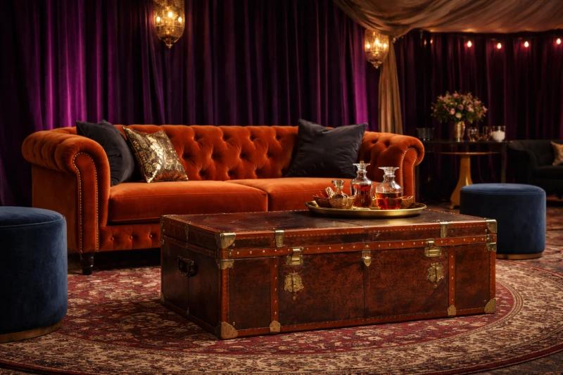 Stolik kawowy Bardem Brown 121x72 cm brąz skóra jaipur naturalna kufer skrzynia - nietypowy stolik kawowy