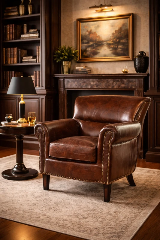 Fotel Finchley Brown klasyczny skórzany 88 cm naturalna skóra