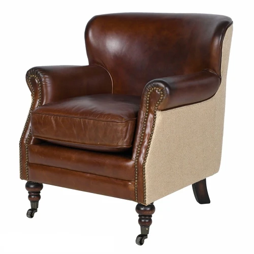 Fotel skórzany Charlestone Brown 76 cm skóra naturalna i juta