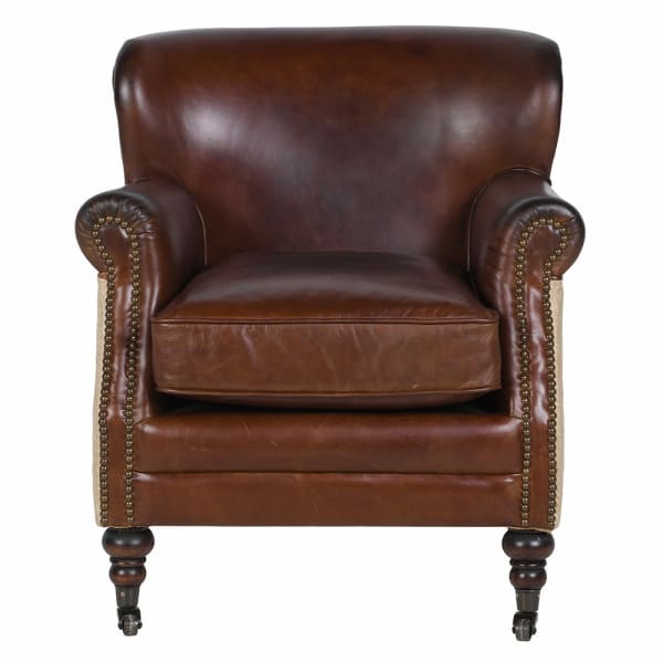 Brązowy fotel skórzany Charlestone Brown 76 cm skóra naturalna i juta