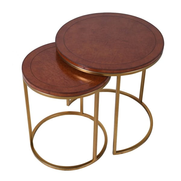 Komplet stolików bocznych Bardem Gold 50 cm brąz skóra naturalna złota podstawa