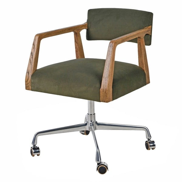 Tapicerowany zielony fotel biurowy Bremner Green drewno i velvet