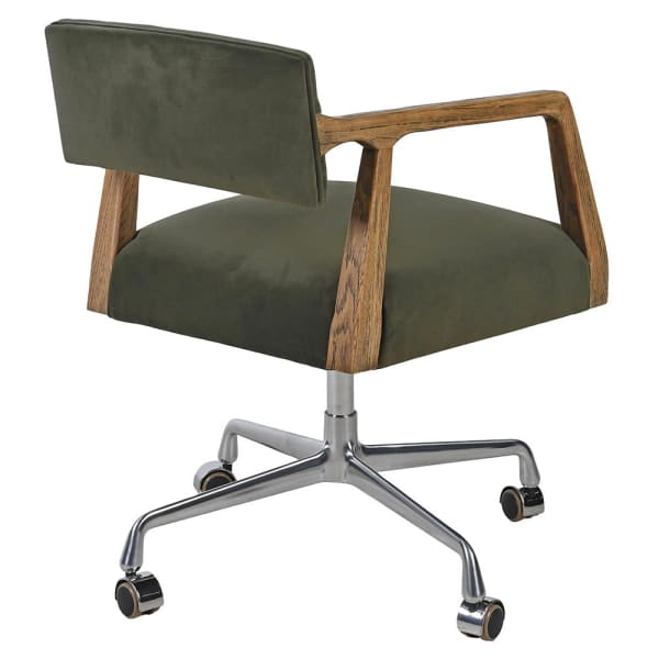 Tapicerowany zielony fotel biurowy Bremner Green drewno i velvet