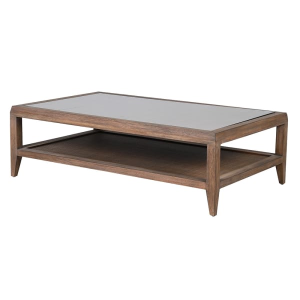 Drewniany stolik kawowy Bayur 130 cm szklany blat dekoracyjna plecionka