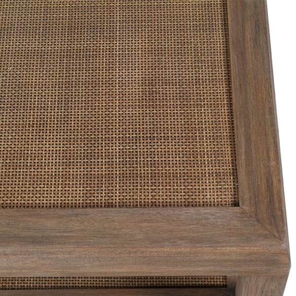 Drewniany stolik kawowy Bayur 130 cm szklany blat dekoracyjna plecionka