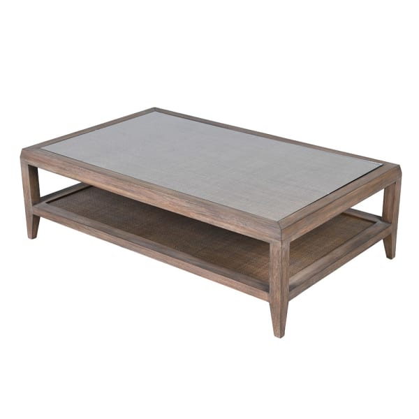 Drewniany stolik kawowy Bayur 130 cm szklany blat dekoracyjna plecionka