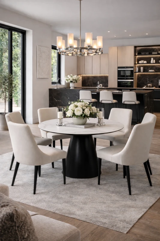 Faux Marble round dining table 135 cm white marble effect top black base