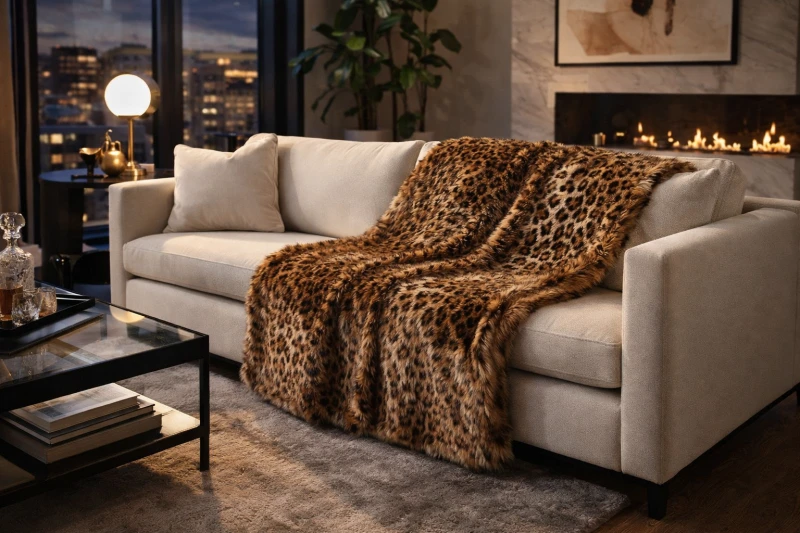 Narzuta koc w cętki Leopard 160x140 cm koc sztuczne futerko poliester akryl wzór cętki