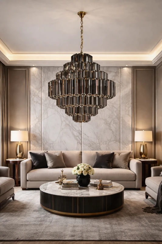 Duży Żyrandol Sloane Smoke 89x82 cm czarne przydymione szkło złote detale 20 żarówek