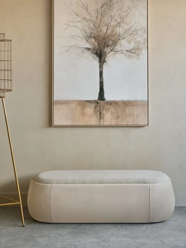 Beżowa ławka Pimlico 142 cm skrzynia ze schowkiem boucle velvet