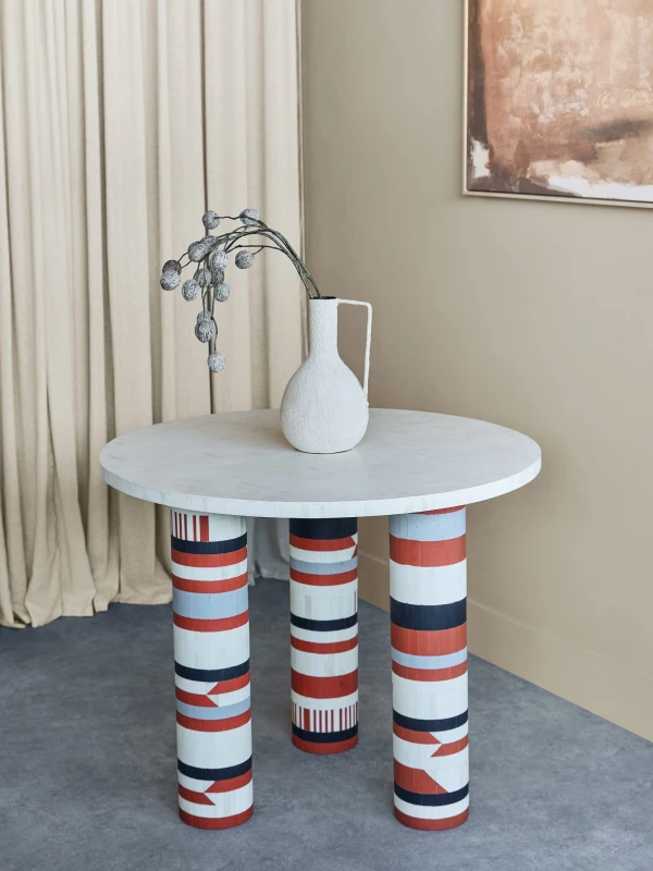 Stół okrągły Coco 90 cm średnicy kolorowy stół do jadalni kość inkrustowany