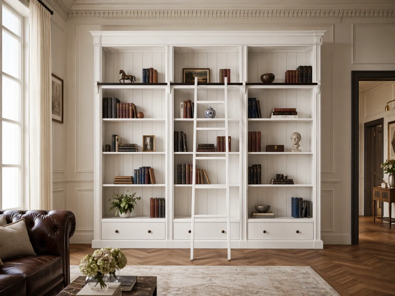 Regał na książki biblioteczka Minor White biała 240x246 cm drabinka