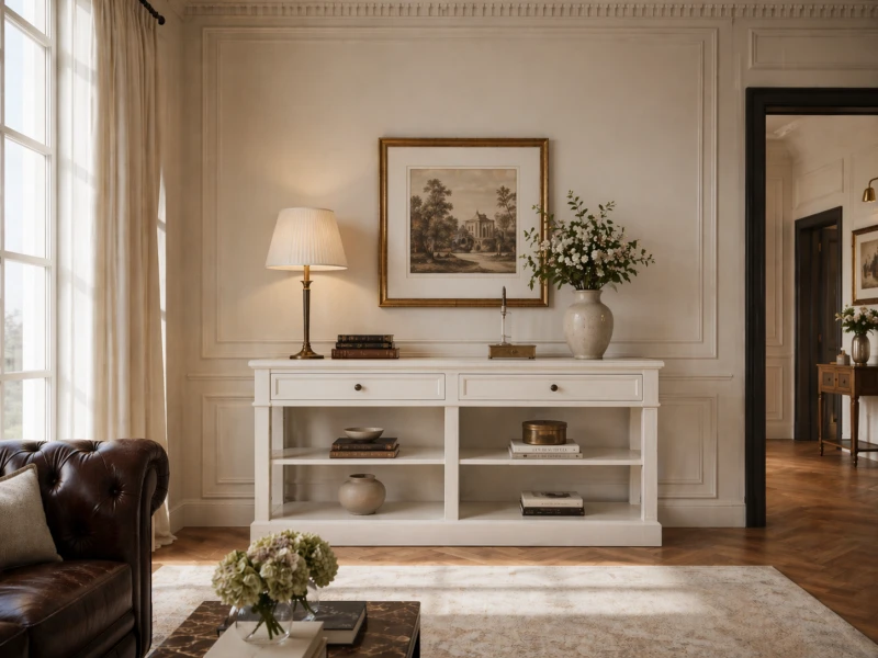 Konsola Maldon White topola 160x90,5 cm biała dwie szuflady