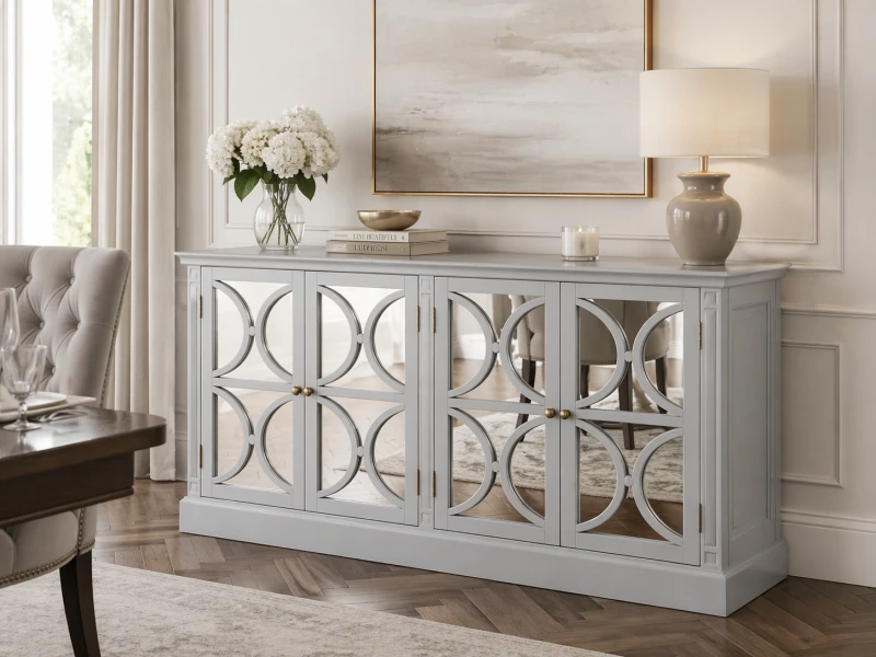 Komoda bufet Minor Grey 189x94 cm Drewno i lustrzane szkło komoda czterodrzwiowa