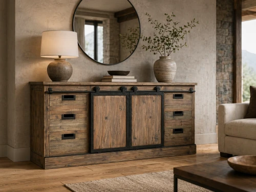 Komoda bufet Recycled Pine drewno z odzysku przesuwne drzwi komoda loft szuflady