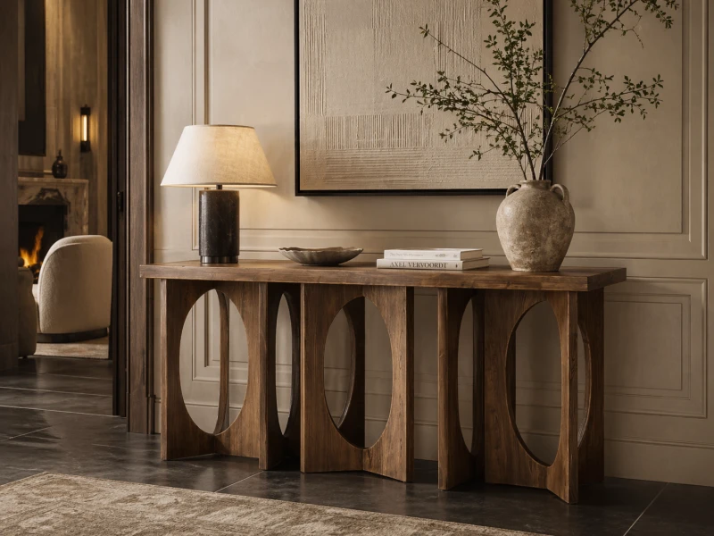 Drewniana konsola do salonu Reclaimed 160x81 cm wiąz z odzysku zdobiona podstawa geometryczna