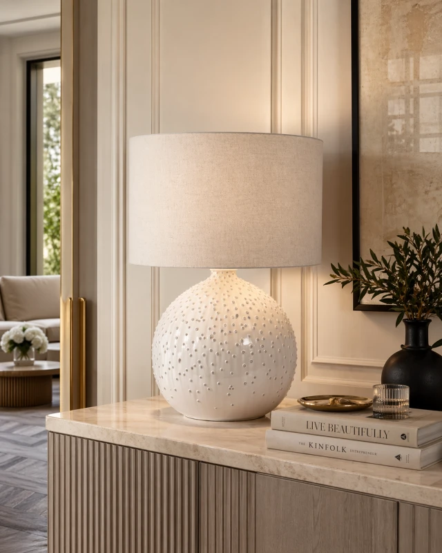 Kremowa lampa stołowa na komodzie w eleganckim salonie