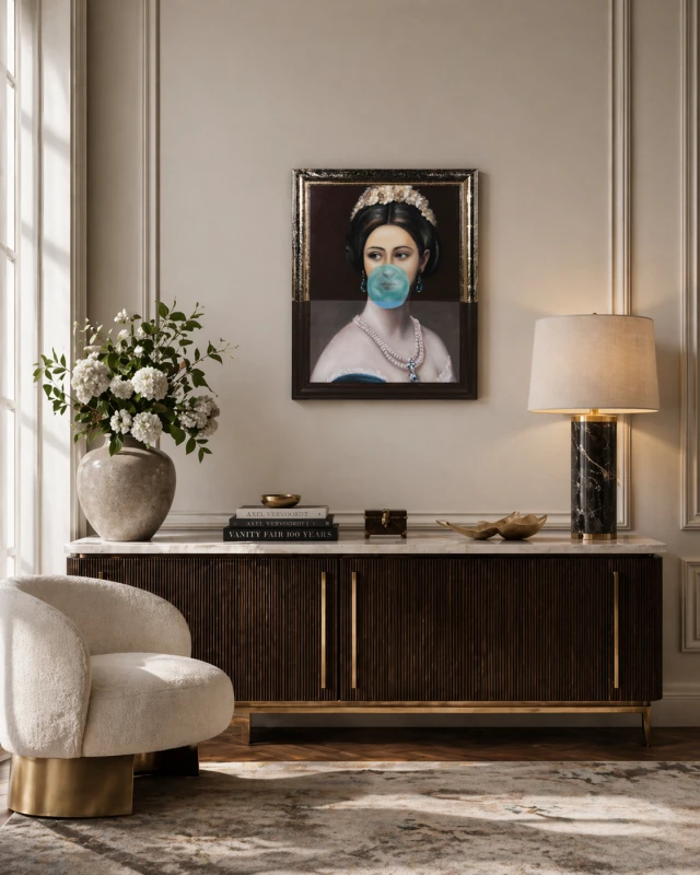 Obraz Bubble Gum 92x72 cm płótno złota i czarna rama kobieta z gumą balonową