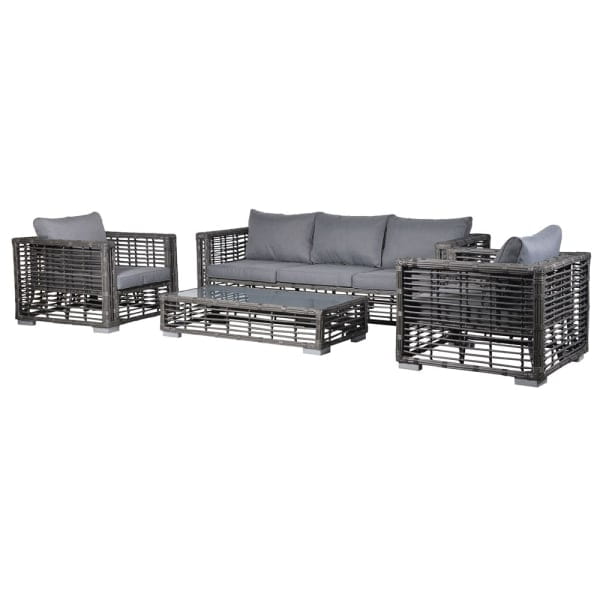 Komplet ogrodowy Sloane sofa dwa fotele stolik aluminium szkło rattan PE