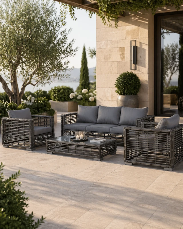 Komplet ogrodowy Sloane sofa dwa fotele stolik aluminium szkło rattan PE