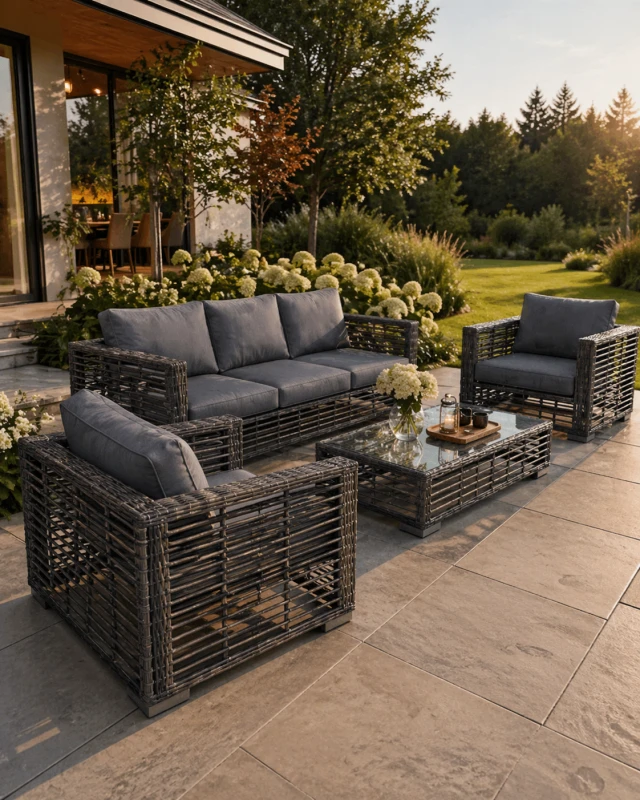 Komplet ogrodowy Sloane sofa dwa fotele stolik aluminium szkło rattan PE