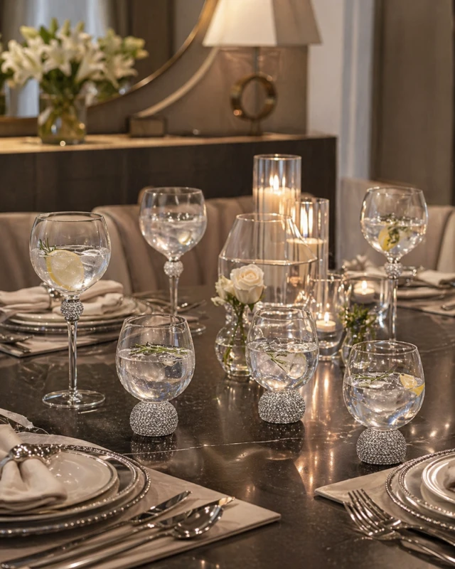 Klasyczne szklanki Boscobel na nóżce srebrna dekoracja cztery sztuki komplet