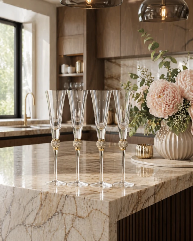 Klasyczne Złote kieliszki do szampana Sloane wysoka nóżka złota dekoracja