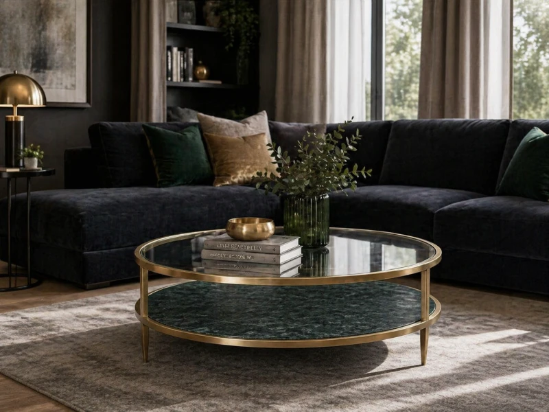 Okrągły stolik kawowy Savile Marble 100 cm średnicy zielony marmur szklany blat rama stalowa