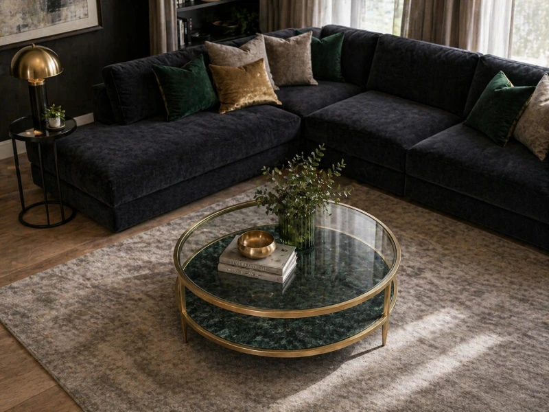 Okrągły stolik kawowy Savile Marble 100 cm średnicy zielony marmur szklany blat rama stalowa